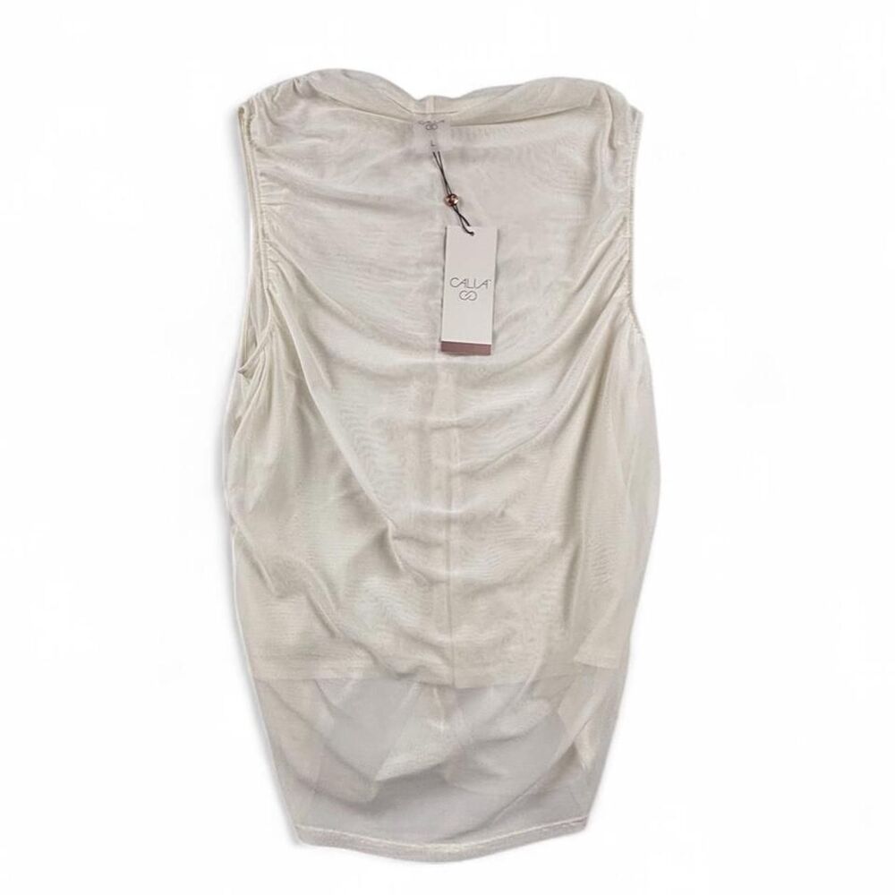 Calia Ruched Mock Neck Tank Women’s L Cream Sheer Sleeveless NWT